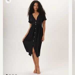 {The Normal Brand} Black Deep V Button Dress large midi
